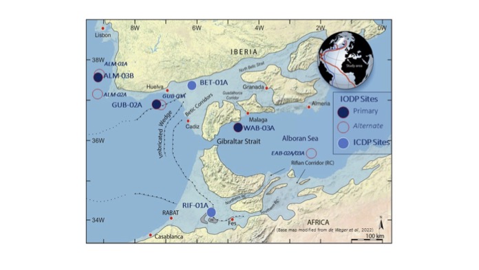 Figure caption: Reconstruction of the Late Miocene Mediterranean-Atlantic gateways in southern Spain and northern Morocco and the location of IMMAGE’s onshore and offshore drilling sites. Figure credit to Javier Hernandez-Molina.